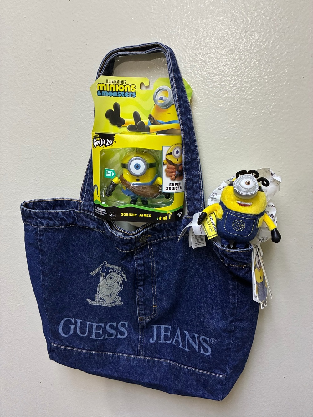 GUESS Denim Tote Bag with Yellow Minions Accent